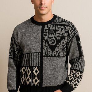 Gitano Men's Abstract Sweater Large Grey Black Vintage 80s Preppy Retro Punk Emo